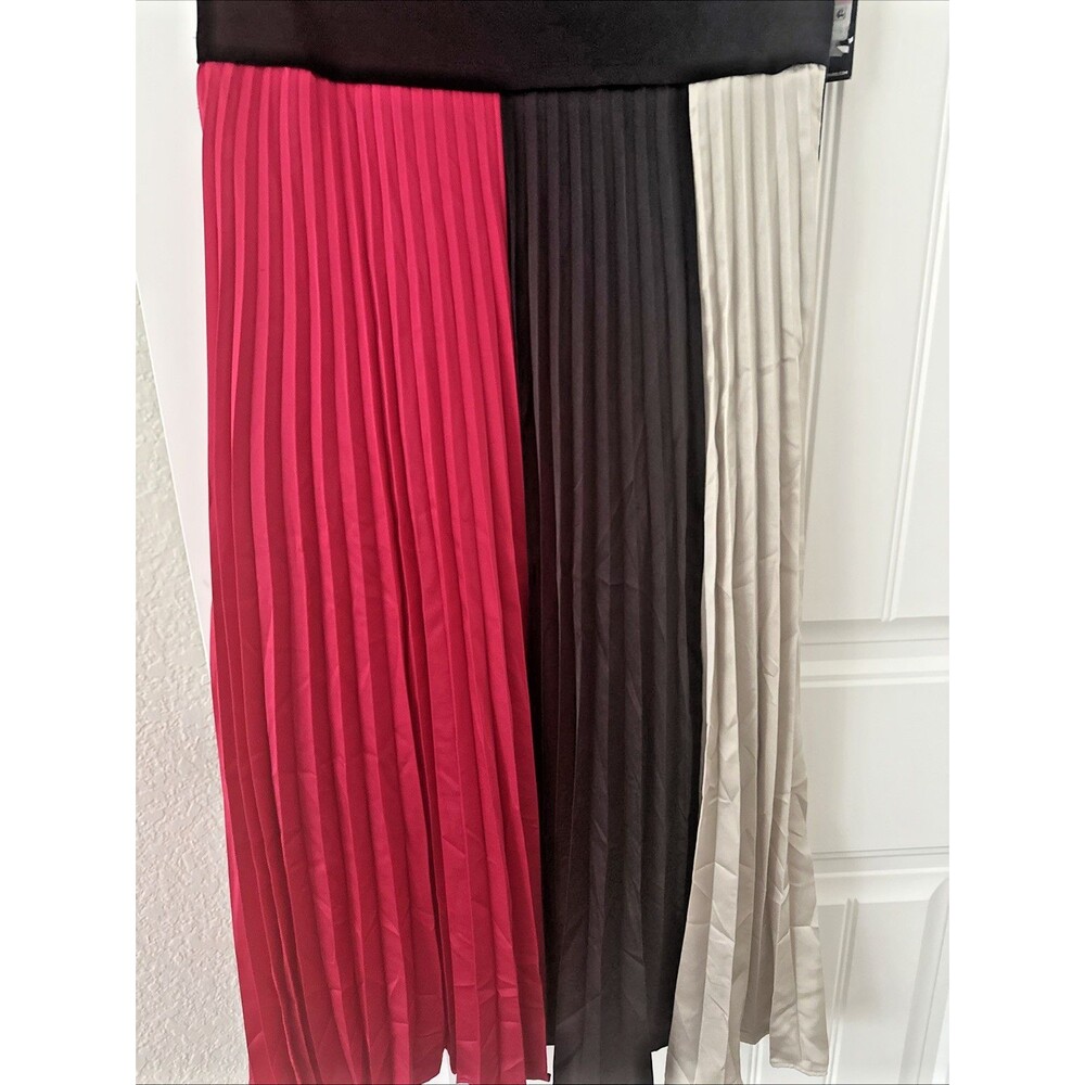 KARL LAGERFELD PARIS Women's Color blocked Pleated Midi Dress Black Multi 8 - Picture 3 of 7